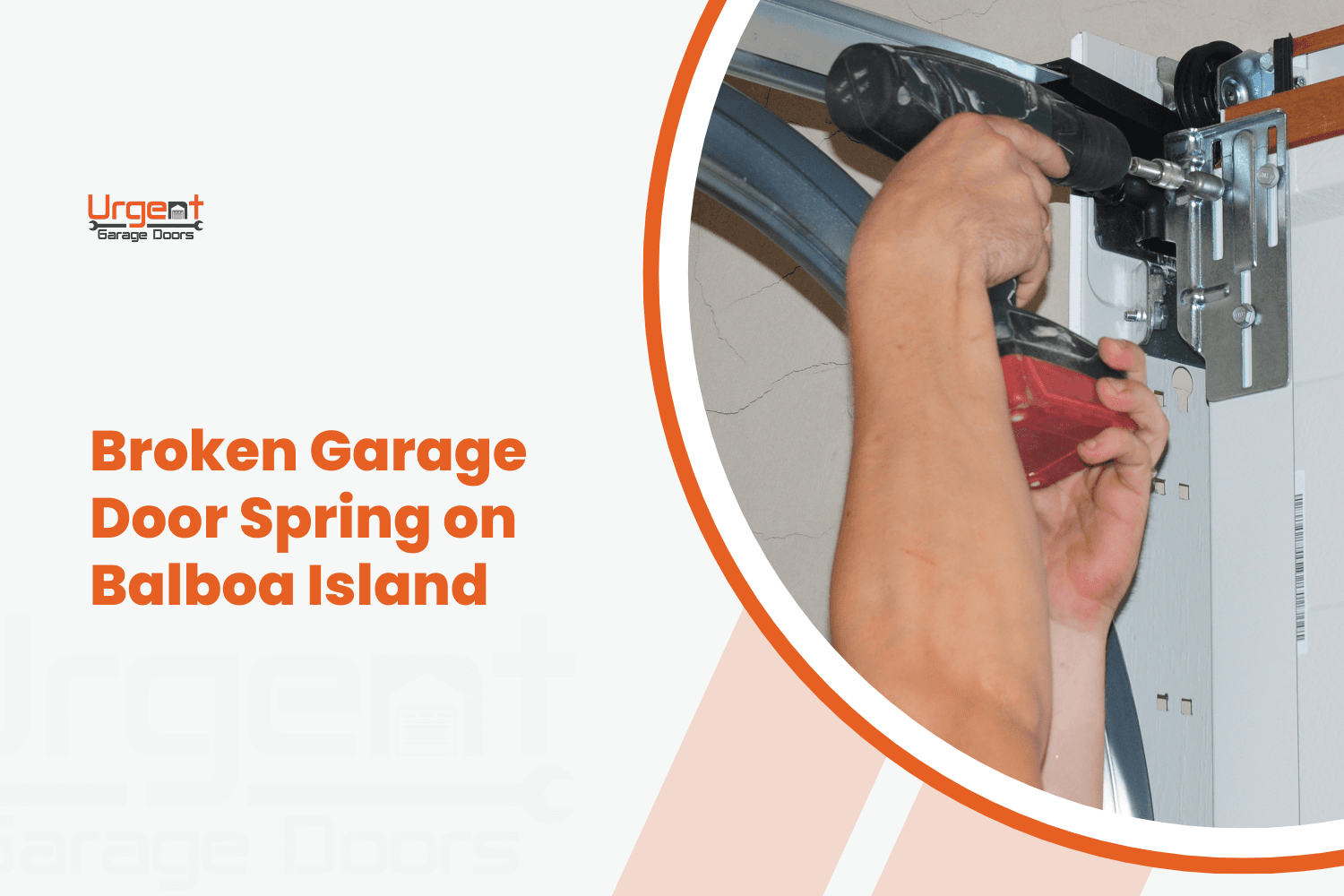 Technician using power drill to repair broken garage door spring mechanism